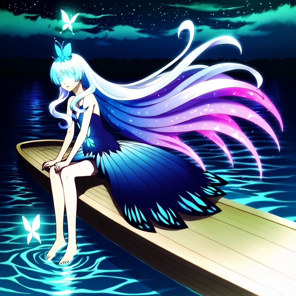 - girl sitting on a boat in the water, water crystal glowing eyes, sea butterflies, night raid, fairy light, very deep sea, glowing long hair, nightcore, very ethereal, stagirl dress, myaru
