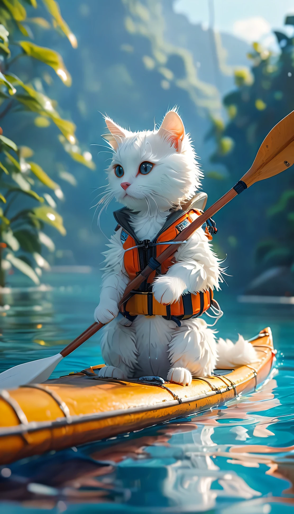((8K)), highest quality, 超High resolution, (High resolution)、A white cat wearing a life jacket paddling a canoe.