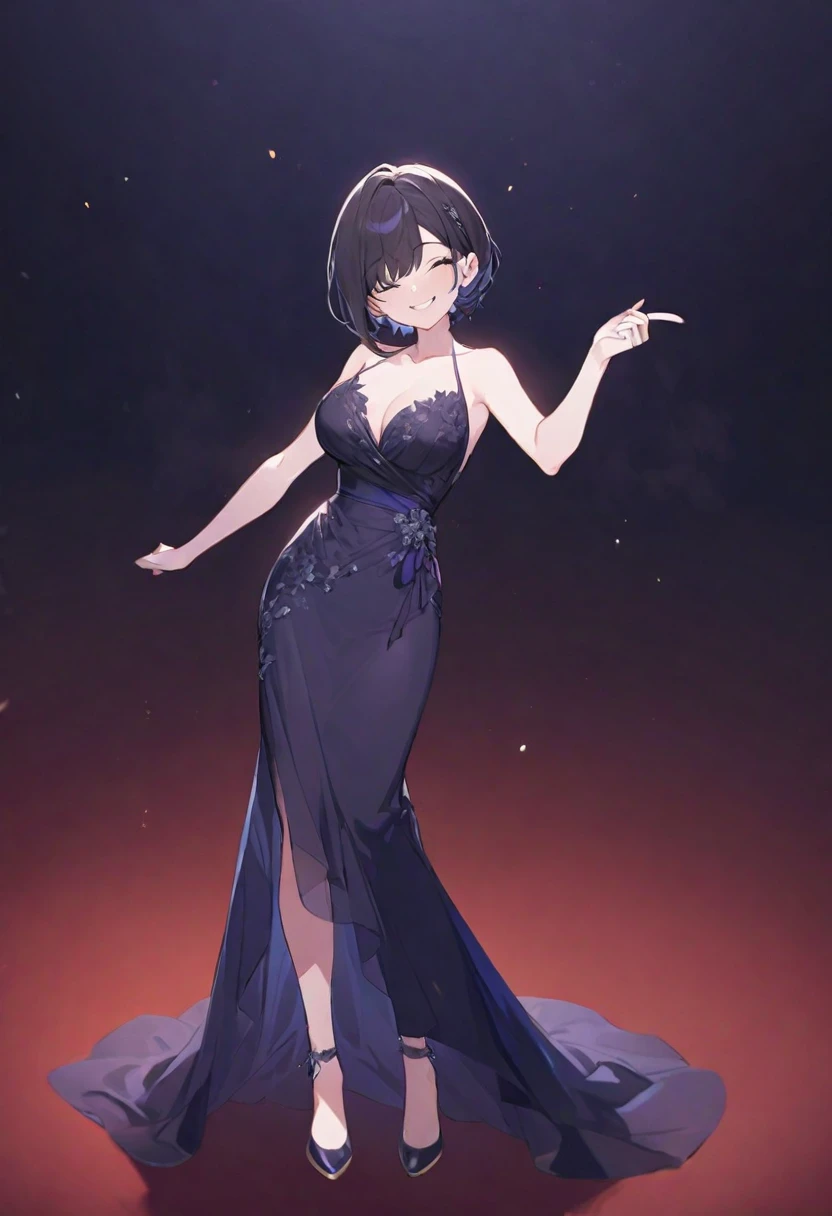 (muste piece), (best quality), very detailed eyes, expressive eyes, perfect face, very detailed face, highly detailed face, beautiful girl, 8K, beautiful girl, white background, delicate and beautiful face and eyes, dark intense shadow,
1 girl, vtuber style, cool girl, hololive,Oozora Subaru, black short hair, see-through:evening dress, big chest, cropped shoulders, clavicle, one eye close winking, smile, (full body), standing,
