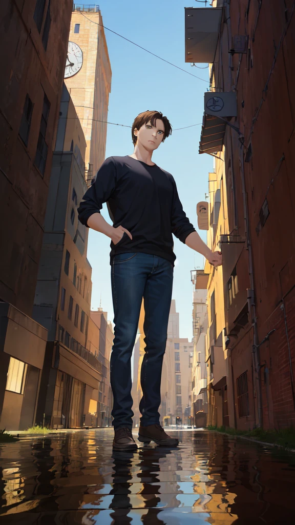 ((masterpiece:1.2, best quality)),movie,official art, promotional art,movie wallpaper,white background,full body,concept art,turnaround,reference sheet,production art,background,outdoor,original,raw photo,highres, (realistic, photo-realistic:1.2), ultra detailed, physically-based rendering,1boy,machinery, puddle, reflection,