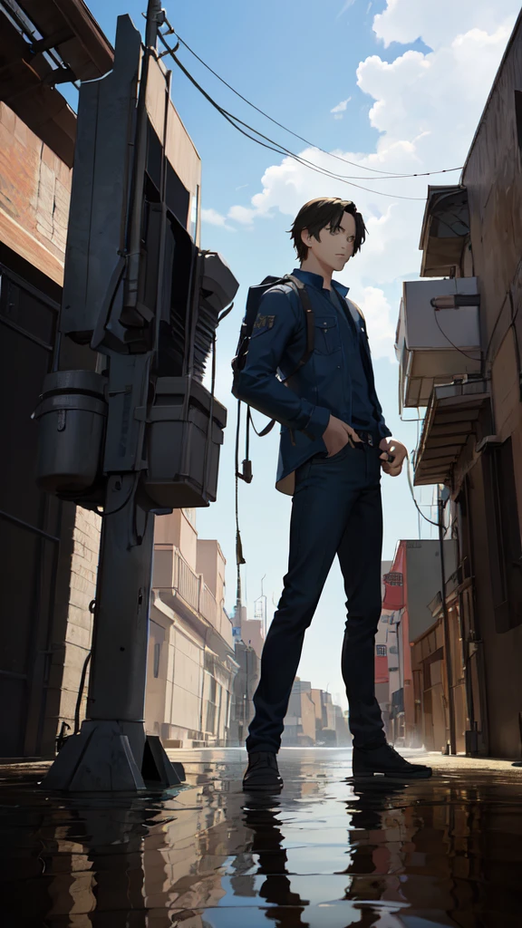 ((masterpiece:1.2, best quality)),movie,official art, promotional art,movie wallpaper,white background,full body,concept art,turnaround,reference sheet,production art,background,outdoor,original,raw photo,highres, (realistic, photo-realistic:1.2), ultra detailed, physically-based rendering,1boy,machinery, puddle, reflection,