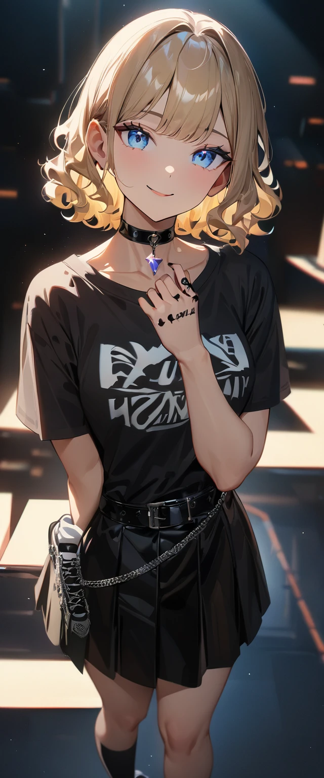 (((One girl))), from back, looking back, ((sexy goth girl, beautiful, choker, black t-shirt, black tattoos on hand, belt, black skirt, long black socks, sneakers)), blond hair, inwardly curled hair, ((bob cut:1.3, wavy hair)), breasts, (upper body), standard body, (looking at viewer), collarbone, teenager, head tilt:1.3, (((blue eye))), ((happy smile)), (((anime style))), (best quality, 4k, 8k, highres, masterpiece:1.2, ultra-detailed, ultra-detailed eyes, HDR, UHD, studio lighting, ultra-fine painting, sharp focus, physically-based rendering, extreme detail description, professional, vivid colors, bokeh), ((Highest quality, Best image quality, Ultra-high resolution, Ultra-high resolution, solo, Strong eye highlights)), Depth of written boundary, Natural soft light, attractive, Beautiful Face, Cleanliness, Pure Face, nedium chest, Beautiful Face, Perfect Fingers, Perfect hands, Perfect body, Perfect Face, Shine a light into your eyes, Perfect Anatomy
