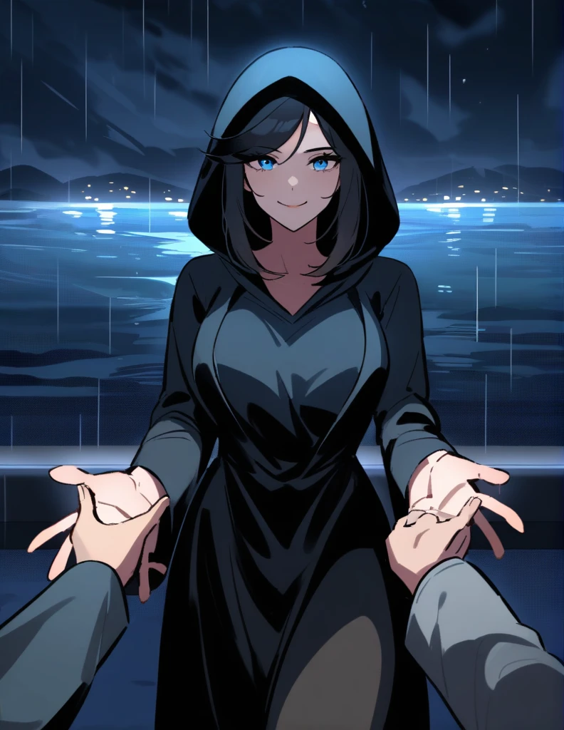 Mysterious Greek milf woman, wearing hoods in a long black tunic, short black hair, long blue eyes, 
with his face covered leaving only his mischievous smile, he extends his hand while making a proposal, on a stormy rainy night with the dark ocean in the background
