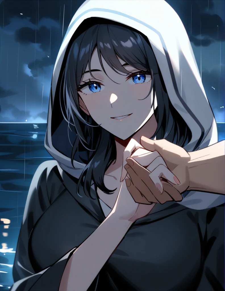 Mysterious Greek milf woman, wearing hoods in a long black tunic, short black hair, long blue eyes, 
with his face covered leaving only his mischievous smile, he extends his hand while making a proposal, on a stormy rainy night with the dark ocean in the background