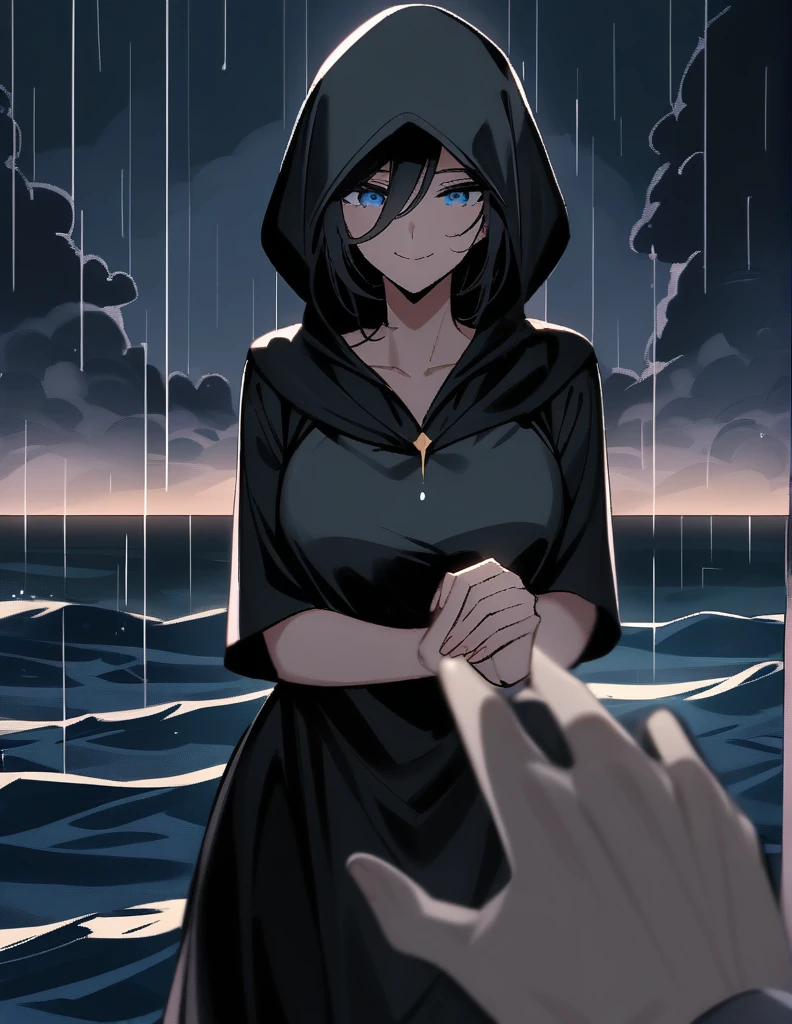 Mysterious Greek milf woman, wearing hoods in a long black tunic, short black hair, long blue eyes, 
with his face covered leaving only his mischievous smile, he extends his hand while making a proposal, on a stormy rainy night with the dark ocean in the background