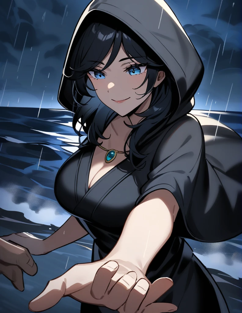 Mysterious Greek milf woman, wearing hoods in a long black tunic, short black hair, long blue eyes, 
with his face covered leaving only his mischievous smile, he extends his hand while making a proposal, on a stormy rainy night with the dark ocean in the background