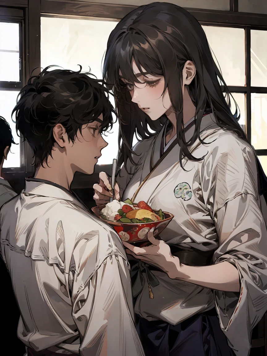 ((Japanese school canteen)), food and napkins, play of light and shadows, beautiful background