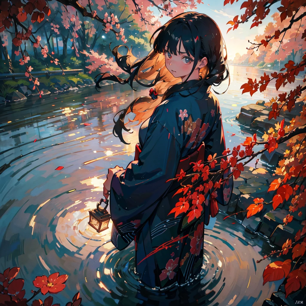 (masterpiece), (high resolution 8K), professional illustration,(1 girl:1.3), late teenage, standing, thigh focus, dutch angle, japanese clothes, kimono, hair ornament, long hair, smile, looking up, shrine, temple, torii, beautiful starry sky, night,natural lighting, high contrast, stunning face, symmetrical clear eyes, detailed eyes and face, detailed skin