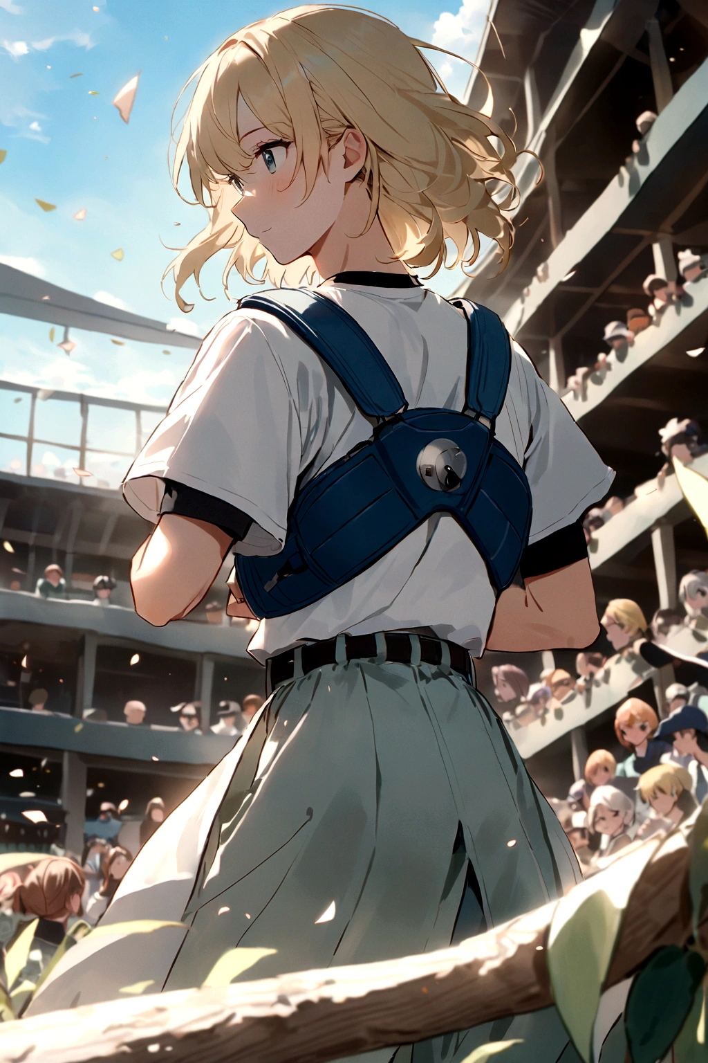 baseballユニフォーム,左手にbaseballグローブ,court,catcher,baseball防具,Forgetful Battery,youth,Blonde,Refreshing Youth,View from the side,morning,Koshien,Background is blue,baseball,Outdoor