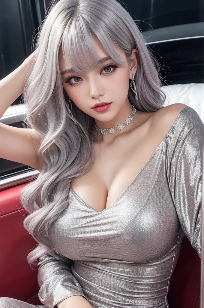 (Huge breasts:1.1)Clothing,Décolletage,Off the shoulder,Plump flesh,254K,choker,Heavy makeup,Center-parted bangs,(Silver ash hair color:1.2),long hair,Curly Hair,Rui々Skin type,Red A-line dress