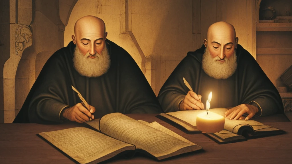 A bald elderly medieval writer, with gray beard, inside a monastery, by candlelight, writing on parchment with a quill