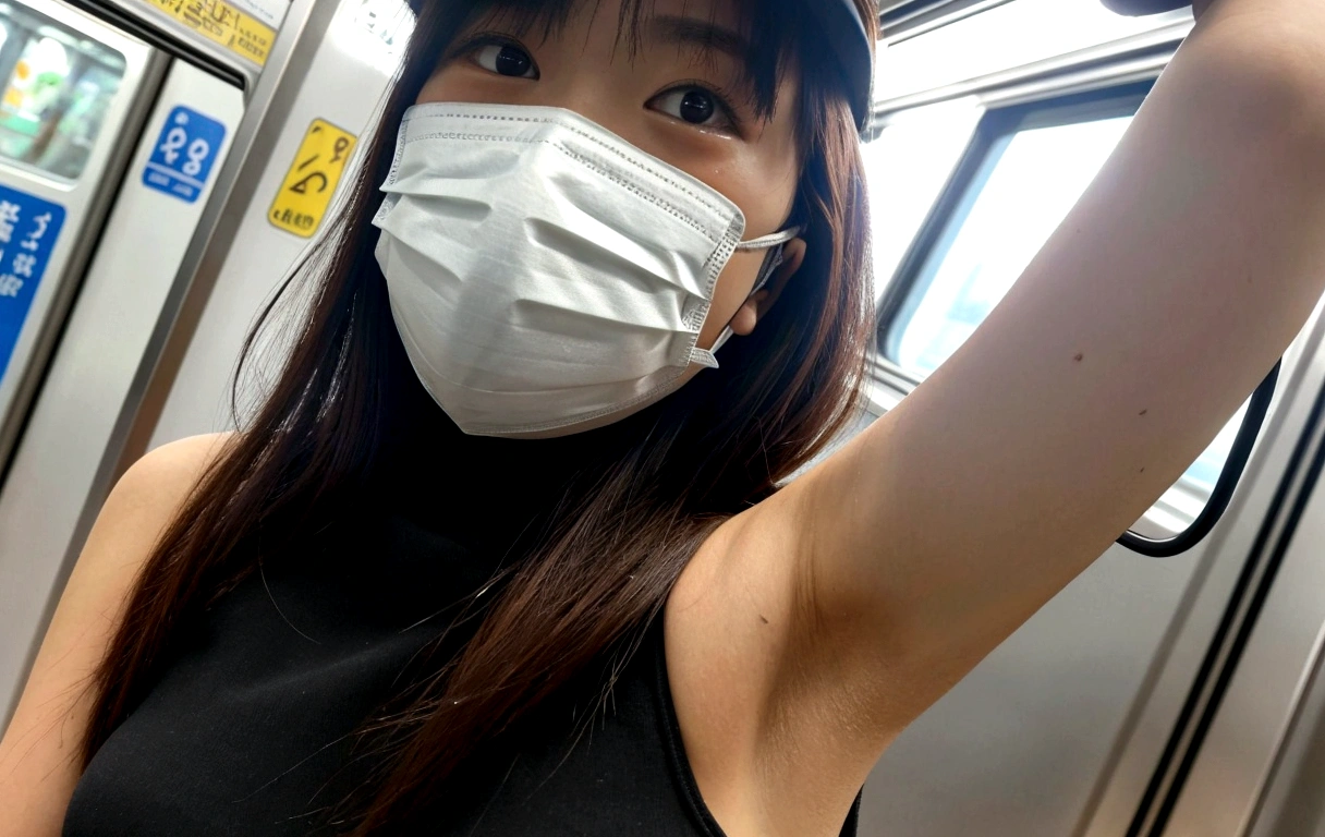 A Japanese gravure model wearing a mask on a subway train, Wear a mask,  Wearing a mask, Selfie taken at a straight angle,Big Breasts,Armpit,Armpit汗,4K,cute,White blouse