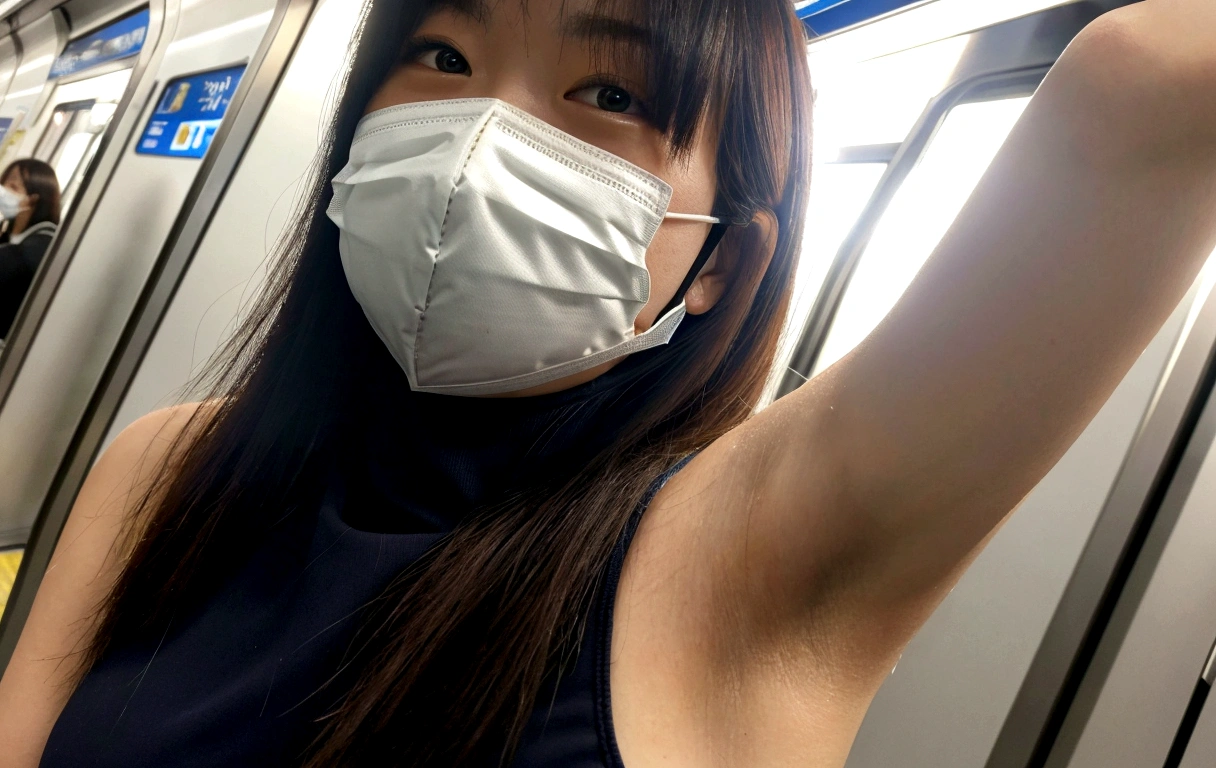 A Japanese gravure model wearing a mask on a subway train, Wear a mask, Wearing a mask, Selfie taken at a straight angle,Big Breasts,Armpit,Armpit汗,4K,cute,White blouse