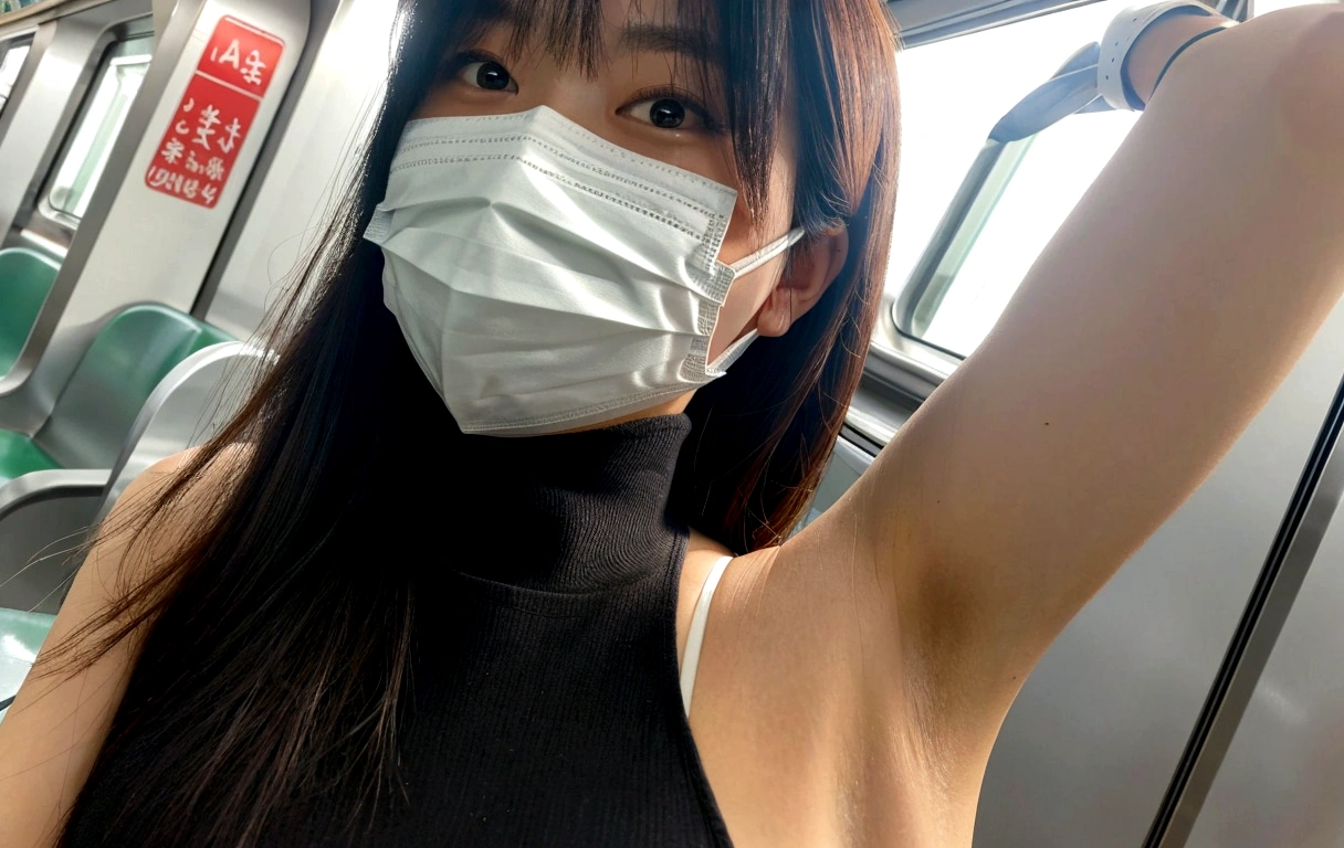 A Japanese gravure model wearing a mask on a subway train, Wear a mask, Wearing a mask, Selfie taken at a straight angle,Big Breasts,Armpit,Armpit汗,4K,cute,White blouse