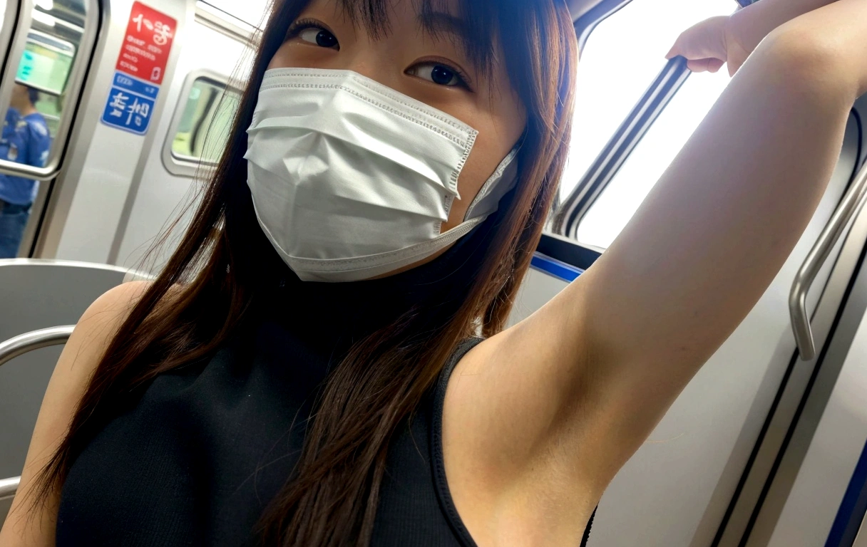 A Japanese gravure model wearing a mask on a subway train, Wear a mask,  Wearing a mask, Selfie taken at a straight angle,Big Breasts,Armpit,Armpit汗,4K,cute,White blouse