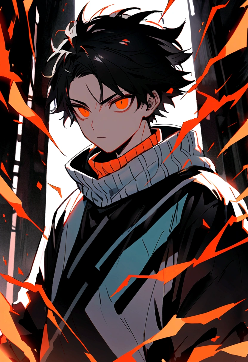 Man 17 years old Long black hair black and white sweatshirt with red and orange electricity on the body