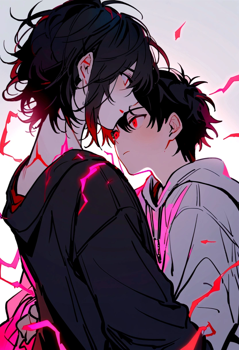 Man 17 years old Long black hair black and white sweatshirt with red electricity on the body