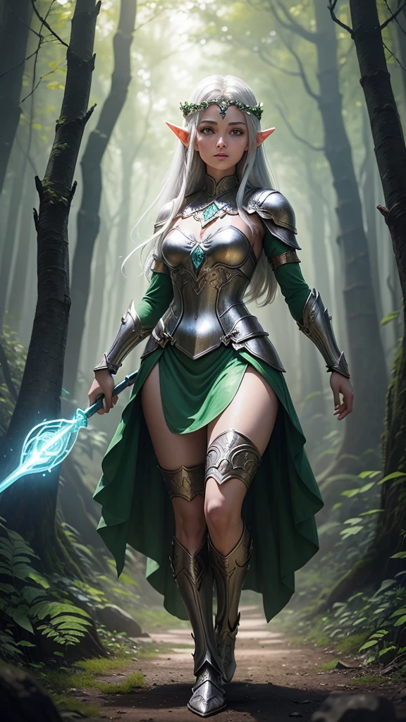 A young, adventurous female elf warrior standing in a mystical forest. She has long, flowing silver hair and piercing green eyes. Her armor is made of intricately designed silver and green metals, adorned with emeralds. She holds a glowing, ancient staff in her right hand and a small, enchanted shield in her left. The forest is dense with ancient trees, bioluminescent plants, and soft mist swirling around her feet. The mood is magical and mysterious, realistic, 4k, beautiful big eyes,