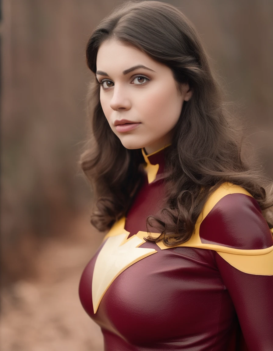 professional portrait photo of Grace Caroline curry woman, looking at the camera, highly detailed, skin texture , cosplaying as Mary Marvel