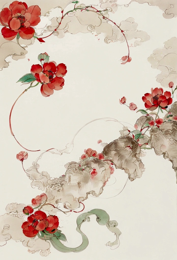 Ink and brush style,猫とpeony,peony,Red and green color scheme,Simple lines,nice,Hand-drawn,HD detailed,White Background,Painting on Japanese paper,High quality 8K