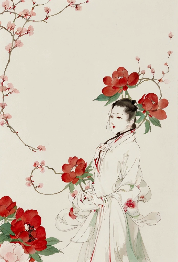 Ink and brush style，猫とpeony，peony，Red and green color scheme，Simple lines，nice，Hand-drawn，HD detailed，White Background，Painting on Japanese paper，High quality 8K