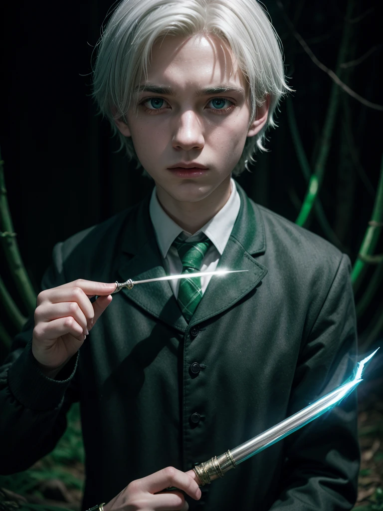 boy, Slytherin uniform, Shining magic wand, White hair, determinate expression, Forbidden Forest, somber atmosphere, 4K, conceptual artwork, sharp focus, dramatic lighting, Studio quality.