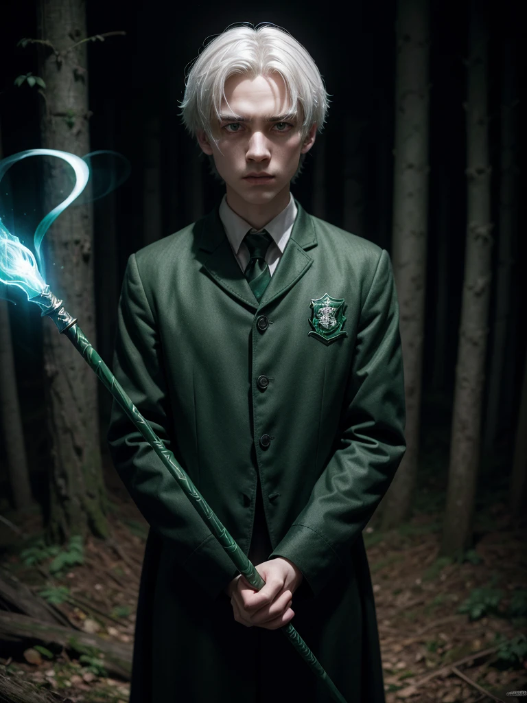 boy, Slytherin uniform, Shining magic wand, White hair, determinate expression, Forbidden Forest, somber atmosphere, 4K, conceptual artwork, sharp focus, dramatic lighting, Studio quality.