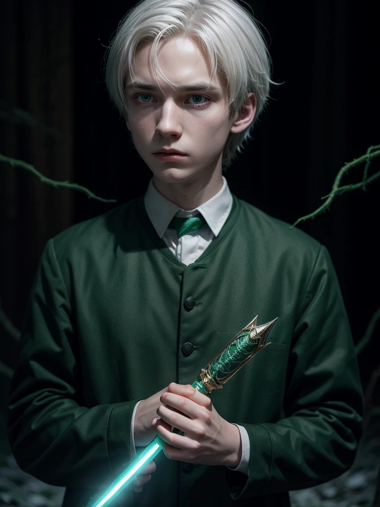 boy, Slytherin uniform, Shining magic wand, White hair, determinate expression, Forbidden Forest, somber atmosphere, 4K, conceptual artwork, sharp focus, dramatic lighting, Studio quality.