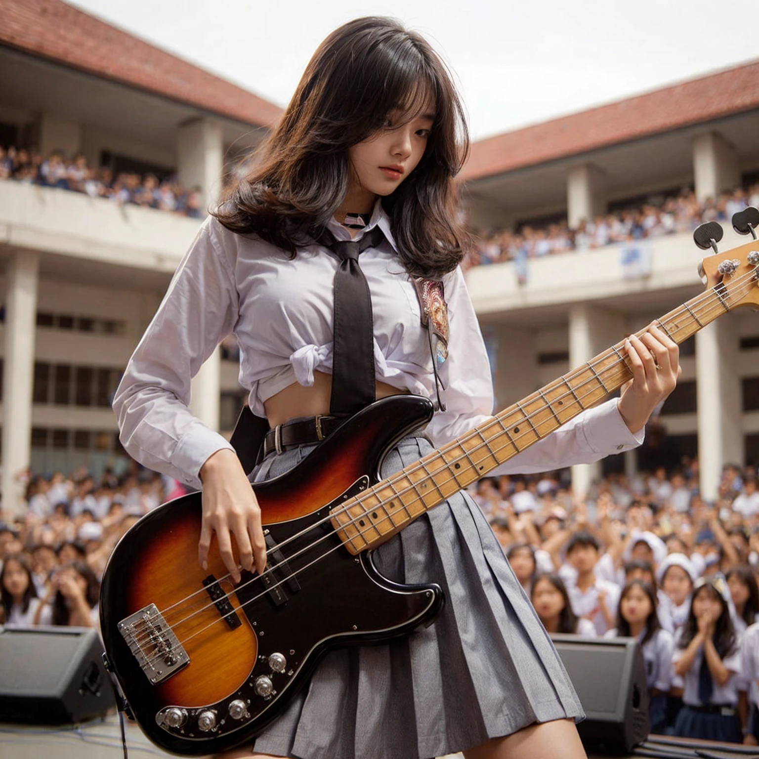 Here is the translation to English:

"A beautiful Korean girl, 18 years old, tall, fair-skinned, medium breasts, playing bass guitar, performing on a high school stage in Surabaya city, many school children watching, wearing a high , white shirt, belt, and gray skirt, jumping around, headbanging, masterpiece, realistic image, HD, 4k, detailed face, detailed eyes, messy hairstyle"