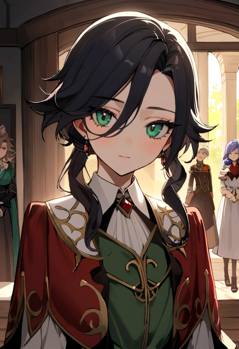 Fille de 14 ans aux cheveux bruns , nue, Well curled and long, il a les yeux vert feuille et porte une queue de cheval comme coiffure. In the background, il y a un lac