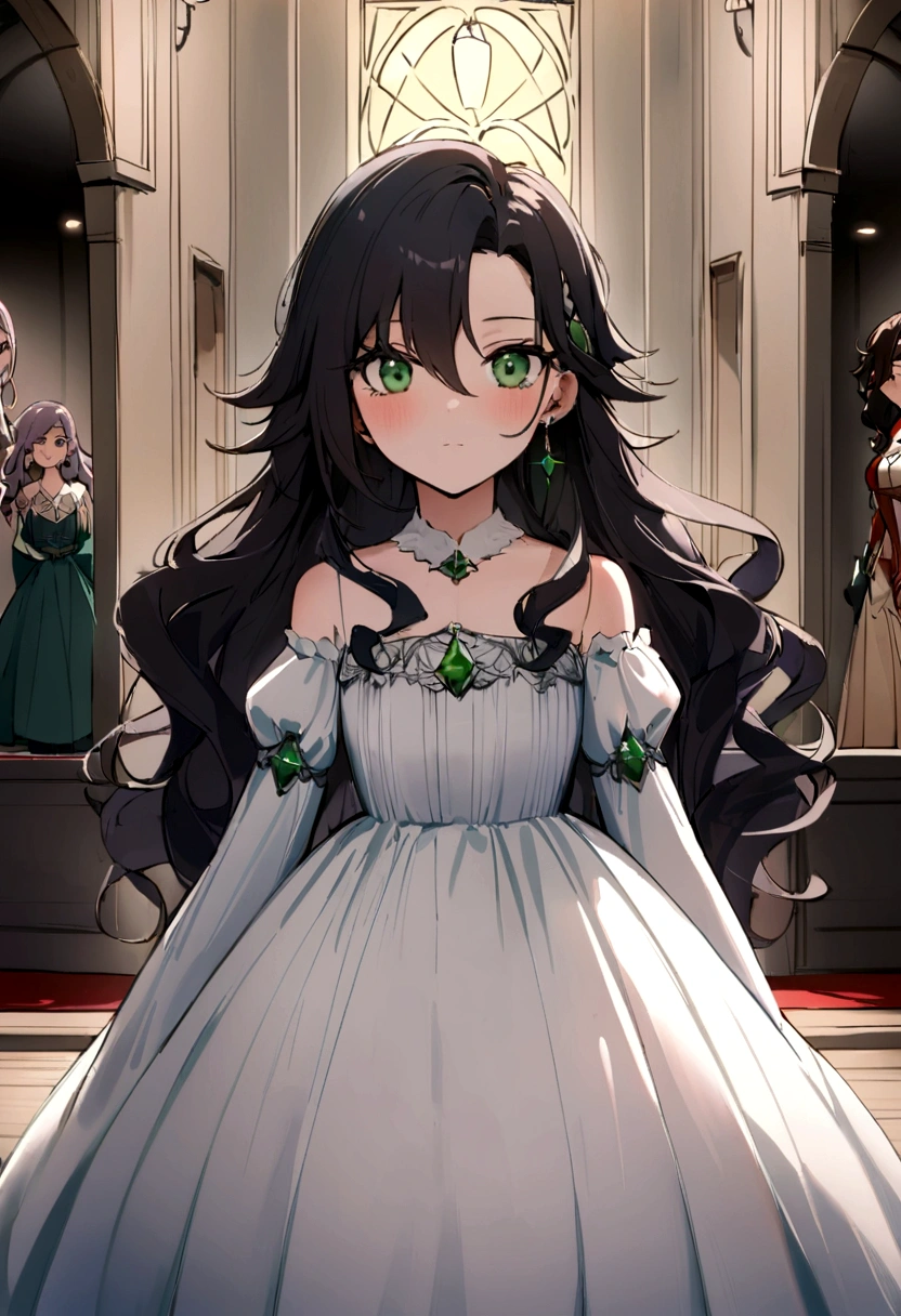 Fille de 14 ans aux cheveux bruns , nue, Well curled and long, il a les yeux vert feuille et porte une queue de cheval comme coiffure. In the background, il y a un lac