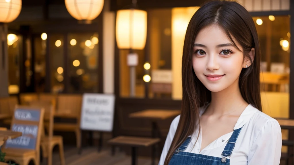 Cute girl working at a cafe terrace　Japanese　１９age　
Professional Lighting　Digital SLR　Beautiful and elaborate face　Perfect and beautiful face　Big eyes Smile  ショートカット