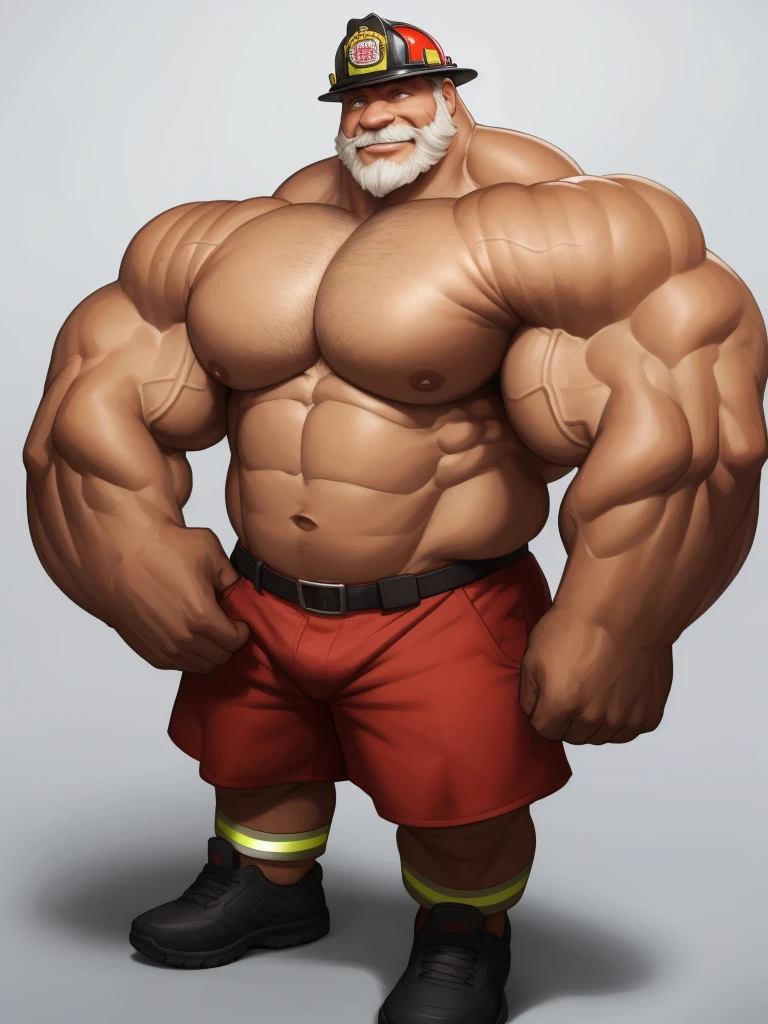 solo, 1boy, perfect anatomy, ground view, wrinkles skin, low shoot, smile, laughing, down view, perfect proportion, thick body, thick thighs, firefighter, firefighter helmet, sharp eyes, big eyes, smile, perfect fingers, big hand, fingers. Huge Muscular Old man with short hair, shoes ,(white shorts), view from side, pectoral, thick arms, huge pectoral, wide pectoral, white hair, white beards, simple background, masterpiece, semirealistic:1.2, high detailed, 8k, high resolution, perfect center, full view. ((really big muscle, massive muscular, sixpack, thick arms, wide pectoral, super huge muscle, hyper muscular, over sized muscle, huge arms, big arms, huge pectoral))