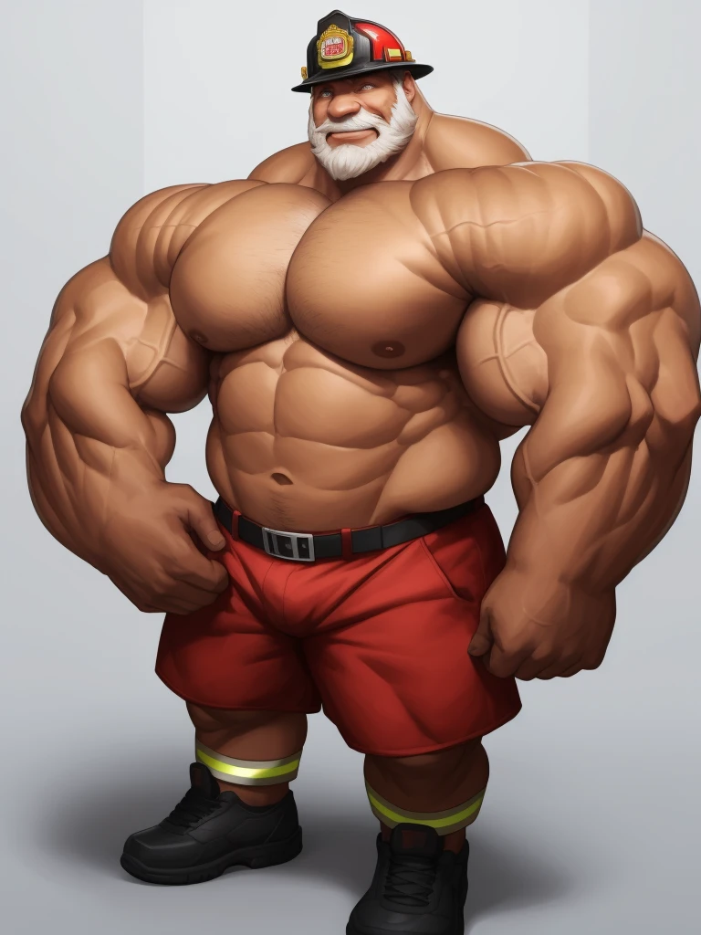 solo, 1boy, perfect anatomy, ground view, wrinkles skin, low shoot, smile, laughing, down view, perfect proportion, thick body, thick thighs, firefighter, firefighter helmet, sharp eyes, big eyes, smile, perfect fingers, big hand, fingers. Huge Muscular Old man with short hair, shoes ,(white shorts), view from side, pectoral, thick arms, huge pectoral, wide pectoral, white hair, white beards, simple background, masterpiece, semirealistic:1.2, high detailed, 8k, high resolution, perfect center, full view. ((really big muscle, massive muscular, sixpack, thick arms, wide pectoral, super huge muscle, hyper muscular, over sized muscle, huge arms, big arms, huge pectoral))