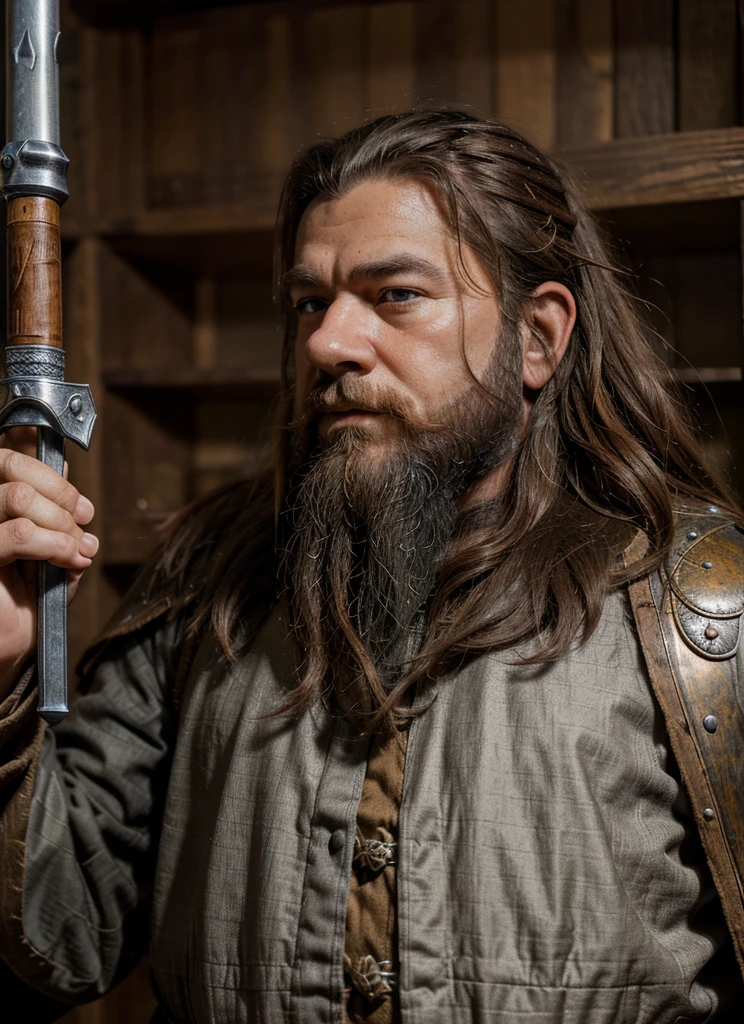 Dwarf in full grey armor, medieval fantasy dwarf, stark, plumpness, with light brown hair and a long beard, dwarven heavy armor, a mad look, fully body, standing alone, fancy, Dwarf Medieval RPG, Closeup portrait of a dwarf with a braided beard, Dwarf beard, 4 k image, 超A high resolution, inside royal dwarf hold, High details, best qualityer, 16K, [ultra detaild], master part, best qualityer, (extremely detaild), fully body, photorrealistic, arte de fancy, Arte de RPG, d&d art, an image of a dwarf in his hold (intense details, best qualityer), dwarf male fantasy (intense details, master part, best qualityer),(intense details, master part, best qualityer), brown hair, dynamic blue eye color, Ultra Detailed Face (intense details, master part, best qualityer), long beard, brown beard, holding a maul in his hand, maul has MGICAL runes