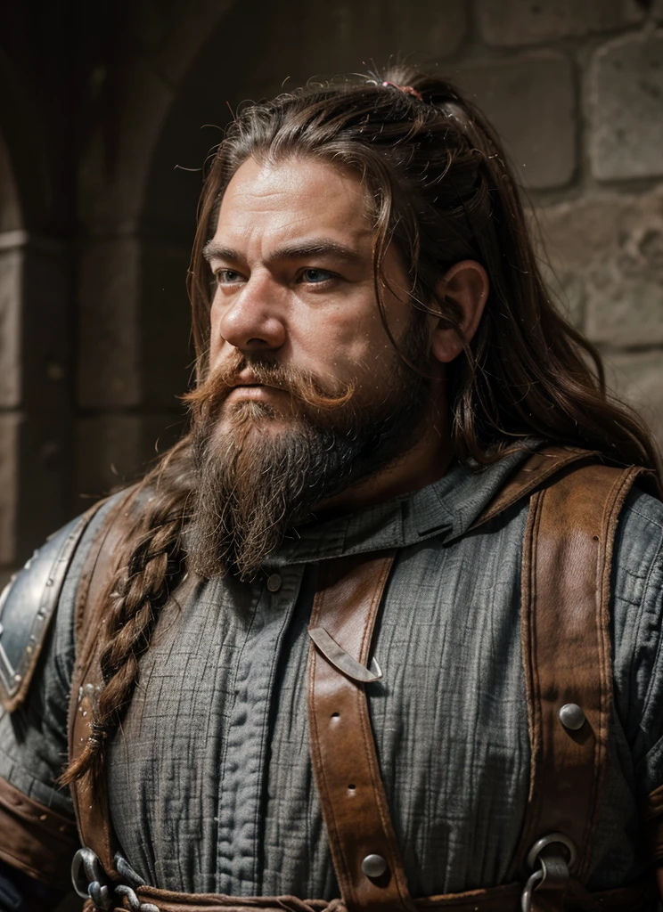 Dwarf in full grey armor, medieval fantasy dwarf, stark, plumpness, with light brown hair and a long beard, dwarven heavy armor, a mad look, fully body, standing alone, fancy, Dwarf Medieval RPG, Closeup portrait of a dwarf with a braided beard, Dwarf beard, 4 k image, 超A high resolution, inside royal dwarf hold, High details, best qualityer, 16K, [ultra detaild], master part, best qualityer, (extremely detaild), fully body, photorrealistic, arte de fancy, Arte de RPG, d&d art, an image of a dwarf in his hold (intense details, best qualityer), dwarf male fantasy (intense details, master part, best qualityer),(intense details, master part, best qualityer), brown hair, dynamic blue eye color, Ultra Detailed Face (intense details, master part, best qualityer), long beard, brown beard, holding a maul in his hand, maul has MGICAL runes