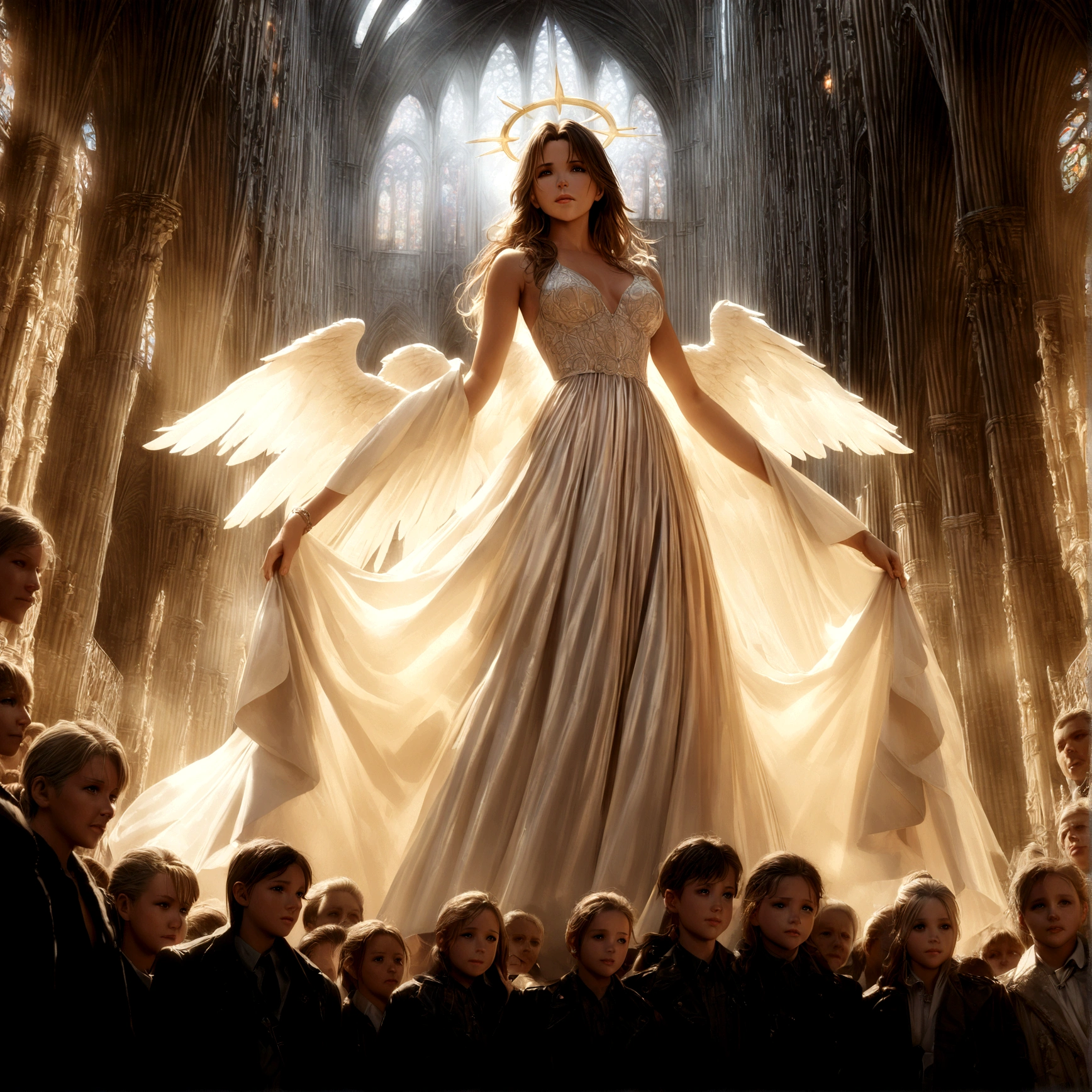 angel, Kate Beckinsale, age 25, platinum blonde hair, halo, large pair of white wings, sheer silk dress, holy corona, majestic pose, cathedral, crowded, intricate details, cinematic lighting, dramatic, photorealistic, 8k, masterpiece