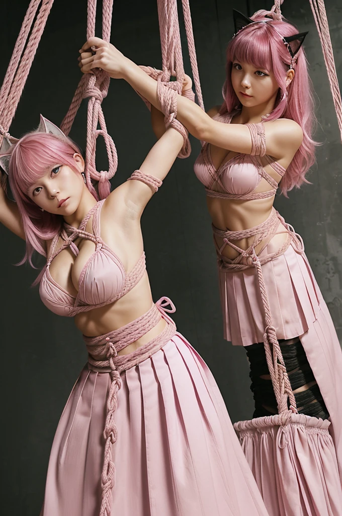 A beautiful bound girl with a focus on pretty and elegant clothes、Cat Ears、(pink hair)、(long hair)、((pink eyes))、((long skirt, pleated skirt, pretty skirt)) 、high quality、best quality, swept bangs, arms behind back, (((rope, shibari, bound arms, bondage))),(and Drooling)