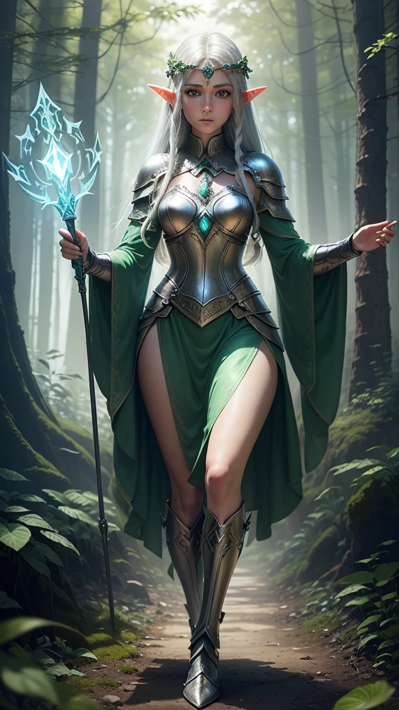 A young, adventurous female elf warrior standing in a mystical forest. She has long, flowing silver hair and piercing green eyes. Her armor is made of intricately designed silver and green metals, adorned with emeralds. She holds a glowing, ancient staff in her right hand and a small, enchanted shield in her left. The forest is dense with ancient trees, bioluminescent plants, and soft mist swirling around her feet. The mood is magical and mysterious, realistic, 4k, beautiful big eyes,
