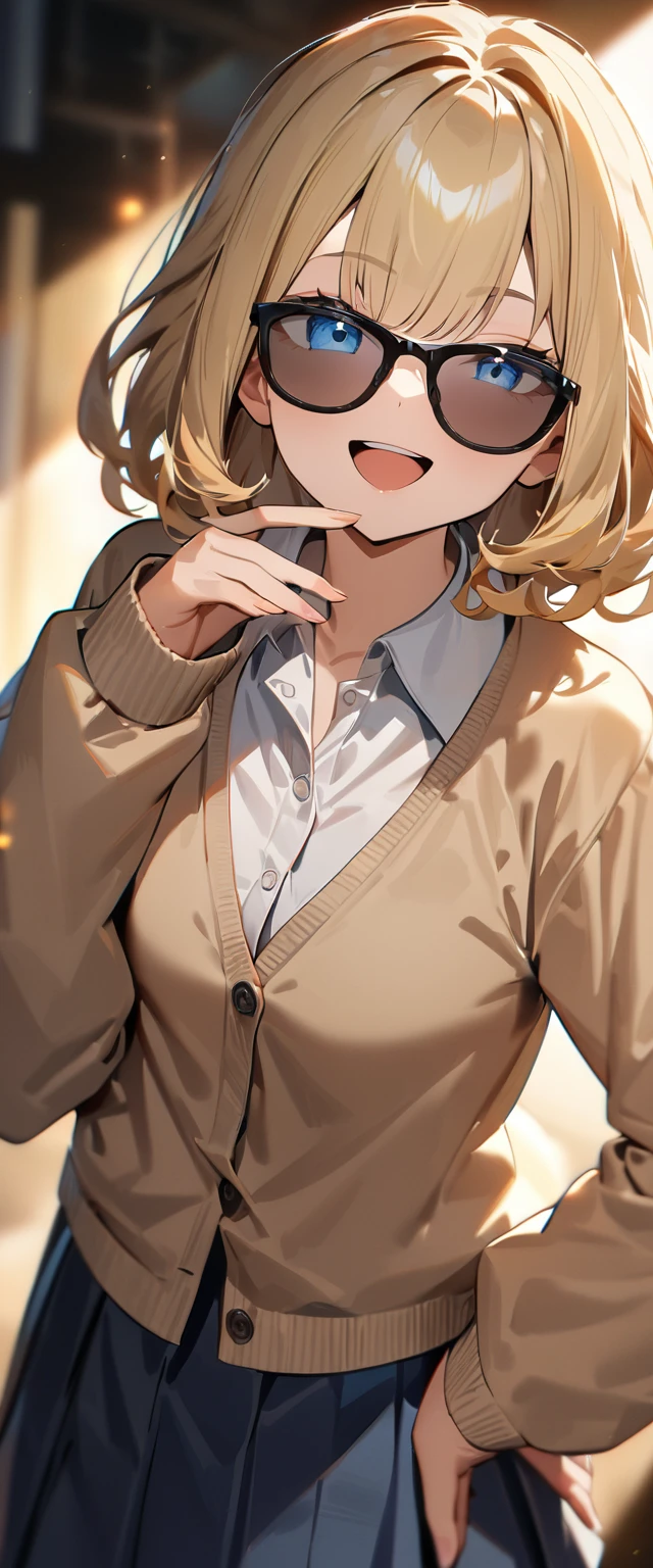 (((One girl))), (((view from behind))), ((tanned skin:1.3)), blond hair, inwardly curled hair, ((sunglasses, hand to sunglasses)), open mouth, tongue out, ((one hand on hip)), ((bob cut:1.3, wavy hair)), (upper body), standard body, (looking back), ((cardigan)), ((((school winter uniform, white unbuttoned shirt, skirt)))), ((sleeves past wrists)), teenager, head tilt:1.3, (((blue eye))), ((happy smile)), (((anime style))), (best quality, 4k, 8k, highres, masterpiece:1.2, ultra-detailed, ultra-detailed eyes, HDR, UHD, studio lighting, ultra-fine painting, sharp focus, physically-based rendering, extreme detail description, professional, vivid colors, bokeh), ((Highest quality, Best image quality, Ultra-high resolution, Ultra-high resolution, solo, Strong eye highlights)), Depth of written boundary, Natural soft light, attractive, Beautiful Face, Cleanliness, Pure Face, nedium chest, Beautiful Face, Perfect Fingers, Perfect hands, Perfect body, Perfect Face, Shine a light into your eyes, Perfect ???????
