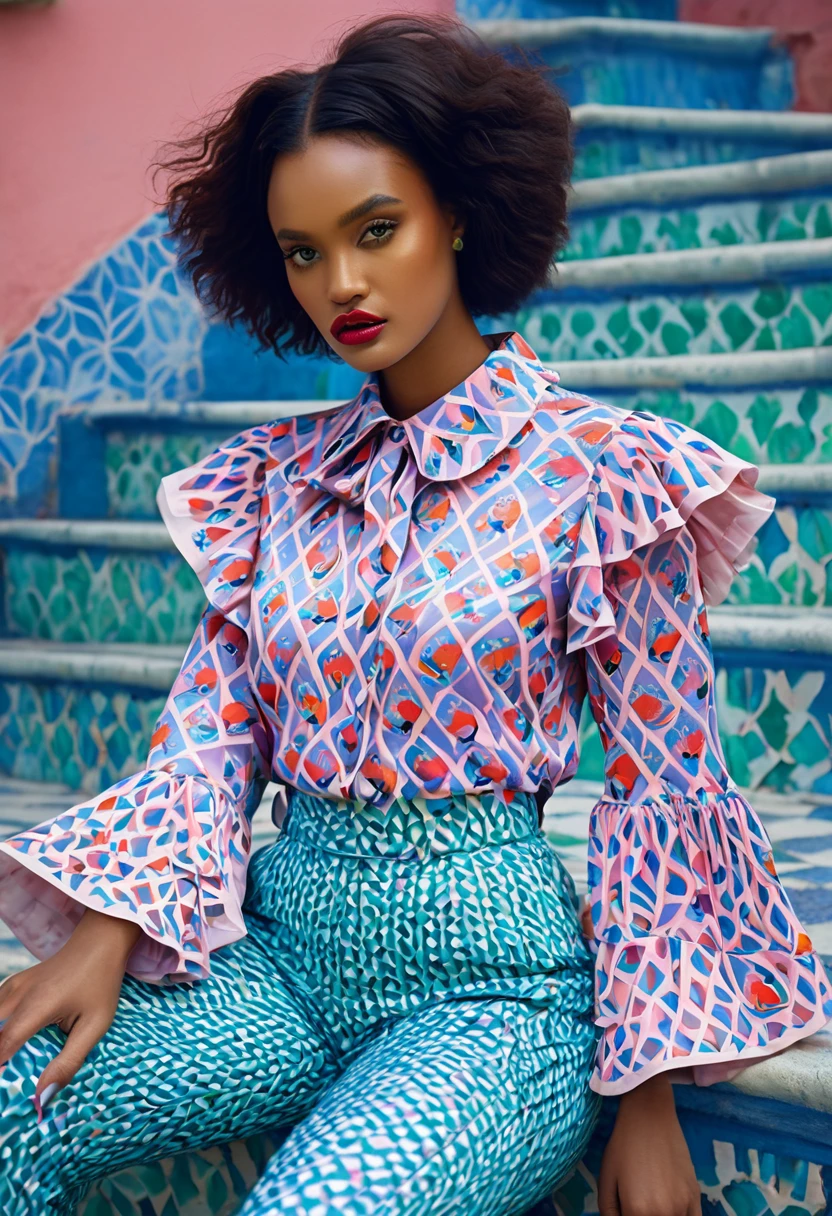 A fashion editorial featuring an african top model wearing a pink, red, lilac, green, blue, art deco printed pottery angel butterfly fish, clown fish, hedgehog fish, fighting fish, heniochus fish pastel pink and blue printed pattern shirt with wide sleeves and a ruffled collar, floral print pants. the model is sitting at a favela stairway in front of a colorful wall covered in tiles in brazil, dressed in a royal and glamorous style. the photo was taken by martin parr during the golden hour, in the editorial photography style of tim walker. --ar 51:64, trending on artstation, sharp focus, studio photo, intricate details, highly detailed, by greg rutkowski