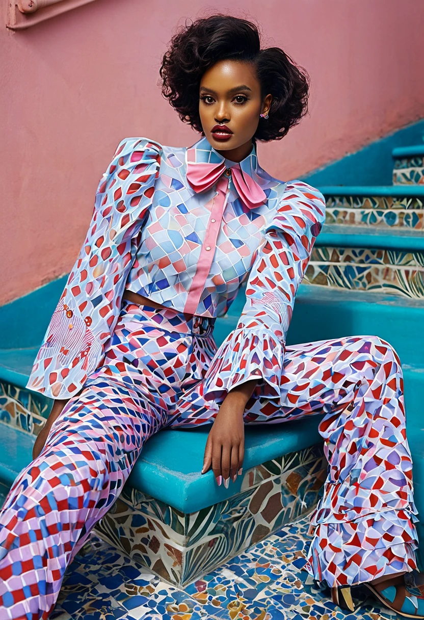 A fashion editorial featuring an african top model wearing a pink, red, lilac, green, blue, art deco printed pottery angel butterfly fish, clown fish, hedgehog fish, fighting fish, heniochus fish pastel pink and blue printed pattern shirt with wide sleeves and a ruffled collar, floral print pants. the model is sitting at a favela stairway in front of a colorful wall covered in tiles in brazil, dressed in a royal and glamorous style. the photo was taken by martin parr during the golden hour, in the editorial photography style of tim walker. --ar 51:??, trending on artstation, sharp focus, studio photo, intricate details, highly detailed, by greg rutkowski