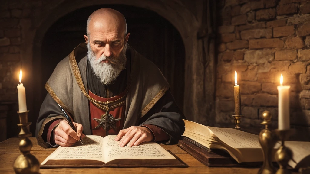 A bald elderly medieval writer, with gray beard, inside a monastery, by candlelight, writing on parchment with a quill