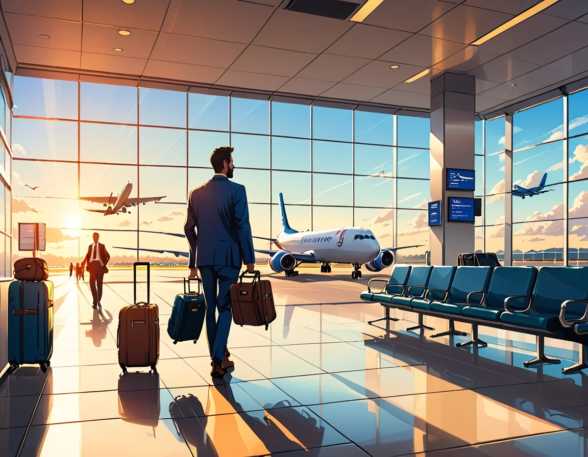 Airport departure lobby. Large windows offer views of the runway and planes. Person with suitcase々are waiting at the check-in counter. A man walking powerfully in the morning sun with a hopeful expression. He is pulling a suitcase.
