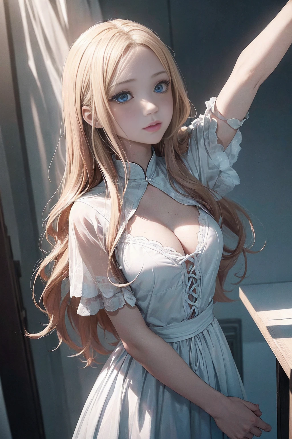 ((1 Female, 1 person, Solitary) Alice, Humanity, Long curly blond hair, blue eyes, freckle, ager, 18 years, Rebirth_ongoing) (Main Part, Super detailed, 8K, (HD, Sunlight:0.5, Soft_shadow:0.5, atmosphere_light, 8K, 4K, Surrealism, elegant, ((((Appearance)))), Soft Ton, 柔和的light))(((Dark, Chiaroscuro)))