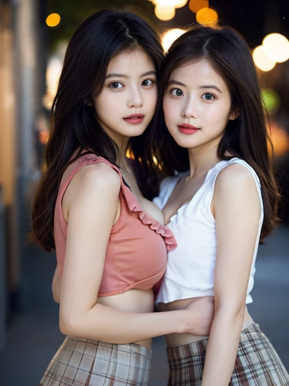 (Two Girls), Brown Hair, Great face and eyes, Pink Eyes, (expensive with wide open breasts:1.4), Beautiful big , Exposed breasts, (Amazingly beautiful girl), Brown Hair, (expensive , Pleated mini skirt:1.5), ((Highest quality)), (Super detailed), (Highly detailed CG synthesis 8k wallpaper), expensively detailed, expensive-definition raw color photos, Professional photography, (((Bokeh))), Depth of written boundary,