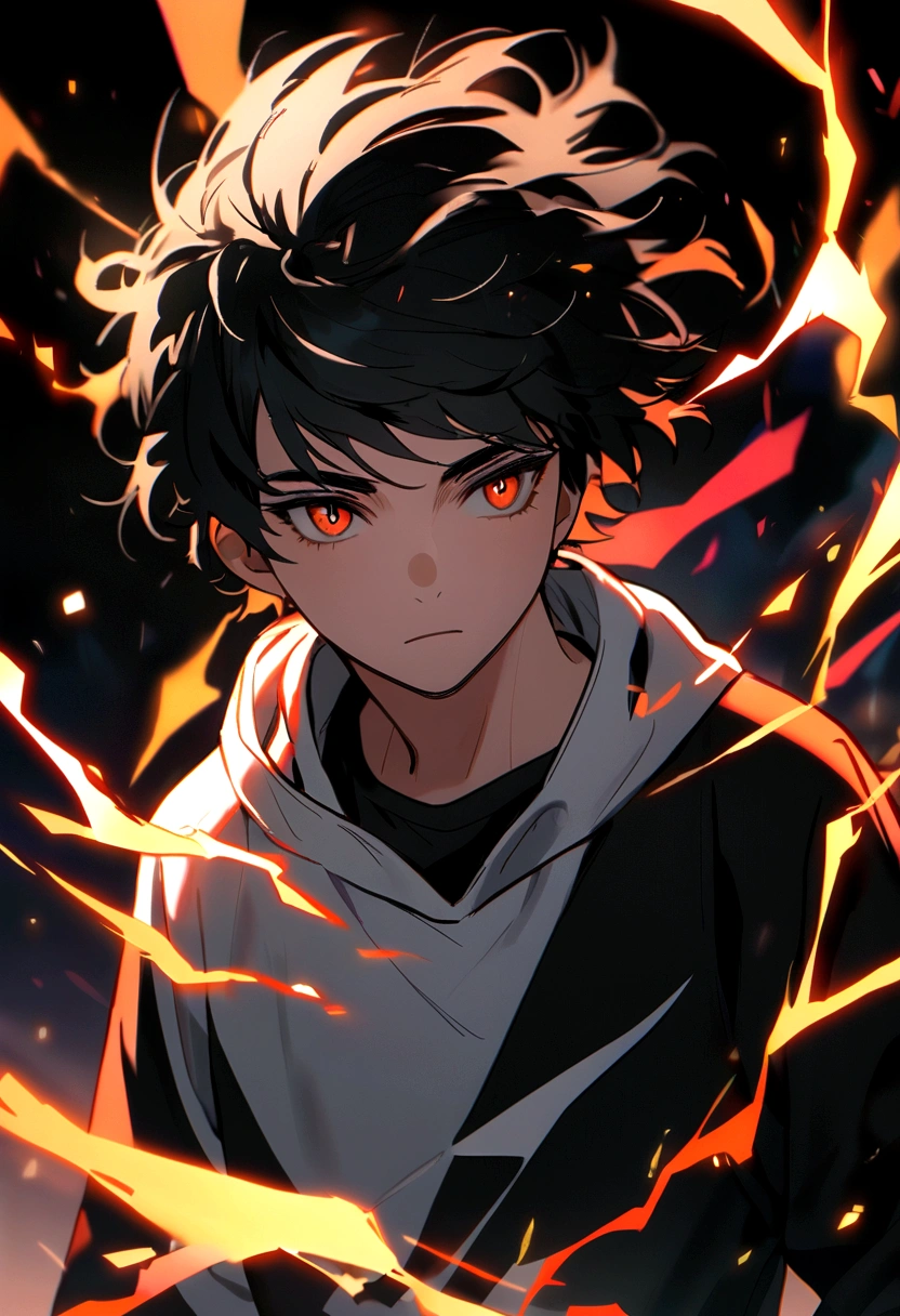 Man 17 years old Long black hair black and white sweatshirt with red and orange electricity on the body