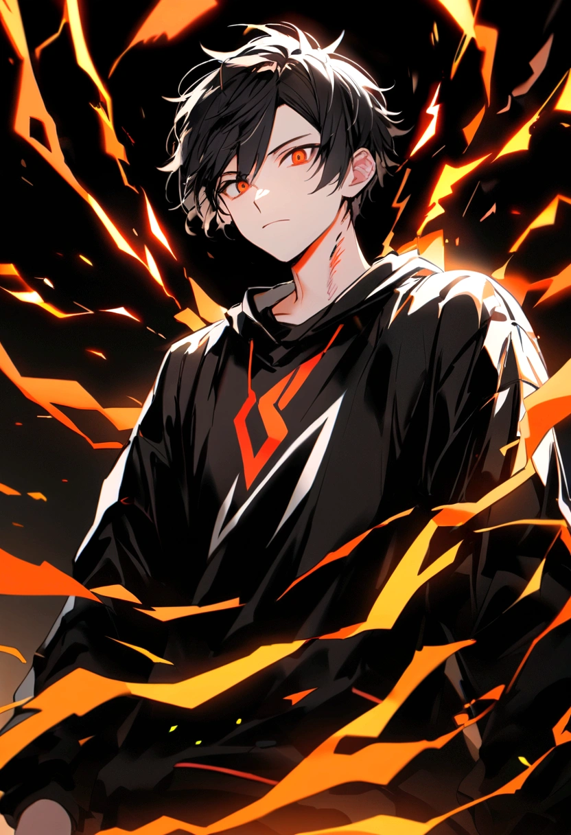 Man 17 years old Long black hair black and white sweatshirt with red and orange electricity on the body