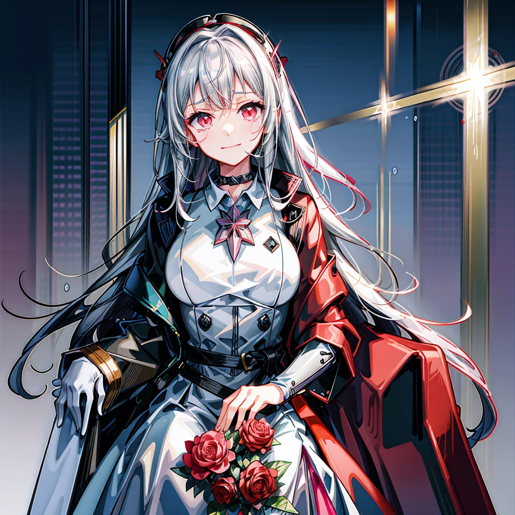 (masterpiece, anime, best quality:1.2), 1 girl,pink glowing star pupils，silver long hair，White，sit in throne，Look at the audience，（（（rain）））（（（soaking wet）））（（（bunch of red flowers）））shed tears，tears, covered left eye, a black chocker, bitter smile, black futuristic coat, white suit that is tattered