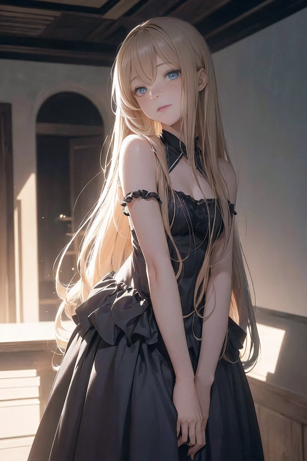((1 Female, 1 person, Solitary) Alice,  Humanity, Long curly blond hair, blue eyes, freckle, teenager, 18 years, Rebirth_ongoing) (Main Part, Super detailed, 8K, (HD, Sunlight:0.5, Soft_shadow:0.5, atmosphere_light, 8K, 4K, Surrealism, elegant, ((((Appearance)))), Soft Ton, 柔和的light))(((Dark, Chiaroscuro)))